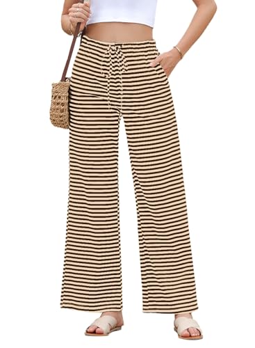 EVALESS Wide Leg Pants for Women Drawstring Elastic Waist Stripe Ribbed Sweatpants with Pockets