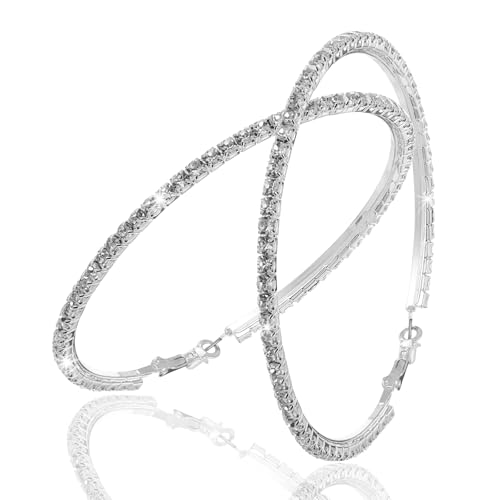 80mm Large Rhinestone Hoops, Crystal Rhinestone Hoop Earrings, Sparkly Big Hoop Earrings, Women Party Dance Fashion Jewelry for Sensitive Ears, Silver