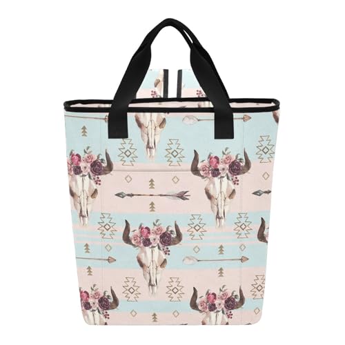 Kjovgcb Backpack Cooler Lunchbox Bag, Thermal Insulated EVA Inner Layer Lunch Meal Picnic Bag with Handles 13.8x5.98x16.5in Print Bull Skull with Horns Flowers Native American Arrows