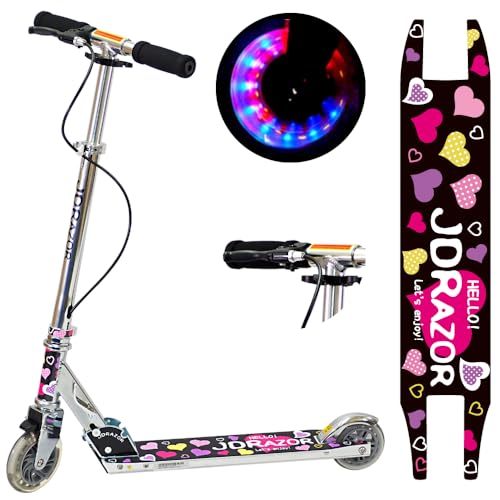 JD RAZOR 【 国内メーカー 組立不要でプレゼントに最適 】 キックボード 子供 小学生 (高さ自由調整/ハンド フット ブレーキ付き/光る LED タイヤ/折りたたみ コンパクト/軽量 & 頑丈 / 2輪) (ハート柄 クリア)