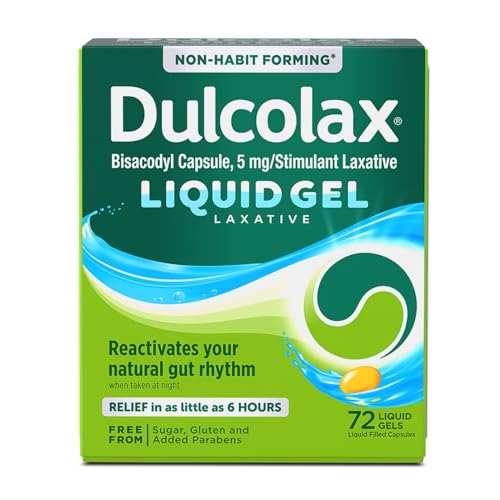 Dulcolax Stimulant Laxative Liquid Gels Predictable & Effective Constipation Relief Relieves Constipation Related Symptoms Bisacodyl 5 mg No Added Parabens Gluten-Free & Sugar-Free 72-Count