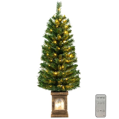 COSTWAY Albero di Natale Piccolo da Tavolo 120 cm, Albero di Natale Artificiale in Vaso con Luci e Rami Densi, Decorazione Natalizia per Casa, Ufficio e Negozio (Verde)