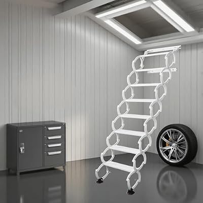 Wall Mounted Attic Ladder, Indoor Attic Stairs Pull Down System, Metal Telescoping Step Ladders, Telescopic attic Ladder, Loft Extension Steps Staircase for Garage