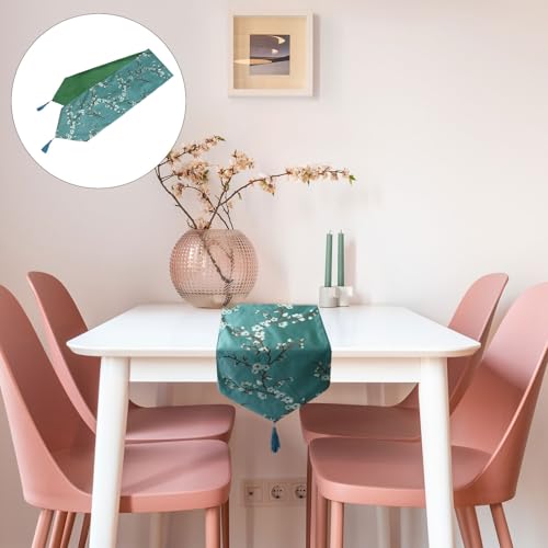 Chemin de table vert en polyester au style chinois moderne et motif de fleur de prunier - 8