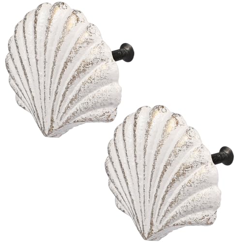 VOSAREA Iron White Seashell Drawer Knobs, 2PCS Nautical Handle for Kitchen Furniture Cabinet Wardrobe Cupboard (6.50X6.50X5.00cm/2.55X2.55X1.97in)