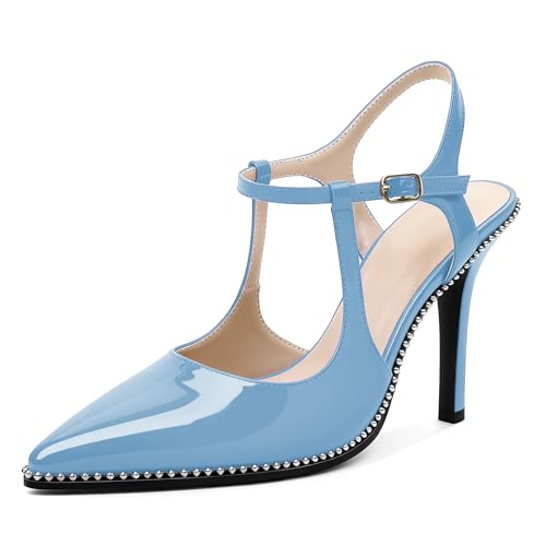 SAMMITOP Light Blue Strappy Heels for Women Closed Pointed Toe Ankle Strap Stiletto High Heel Pumps...
