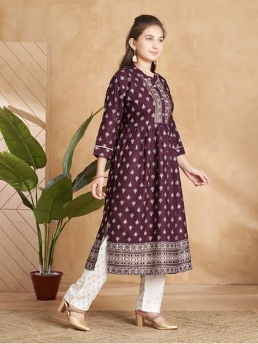 Image of Aarika Girls Ethnic Wear Wine Colour Foil Print Rayon Kurti Pant Set