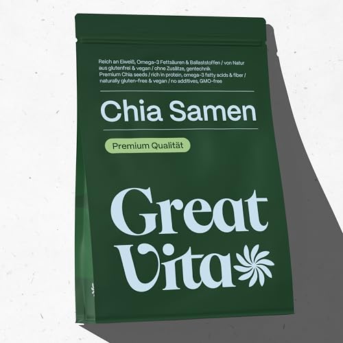 GreatVita Chia Samen 1kg – Naturbelassen, reich an Omega-3 & Ballaststoffen | Ideal für Smoothies, Joghurt, Salate, Backen, Chia-Pudding & Brei