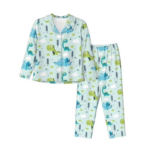 Pyjama à manches longues imprimé dinosaure pour femme vêtement de nuit taille élastique