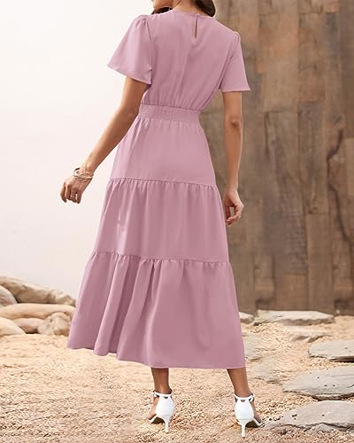 Image of PRETTYGARDEN Women's Casual Smocked Boho Floral A-Line Maxi Dress 2026 | Summer Short Flutter Sleeve Crewneck Tiered Long Sundress,Fall Wedding Guest Dresses,Spring Cute Flowy Beach Vacation Clothes