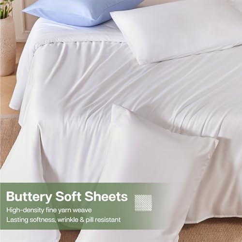 MR&HM Twin Sheets Set, 3-Piece Cooling Sheets, Rayon Derived from Bamboo & Polyester Blend, Soft & Silky, 15" Deep Pockets with Elastic Straps, Hotel Luxury for Hot Sleepers, White