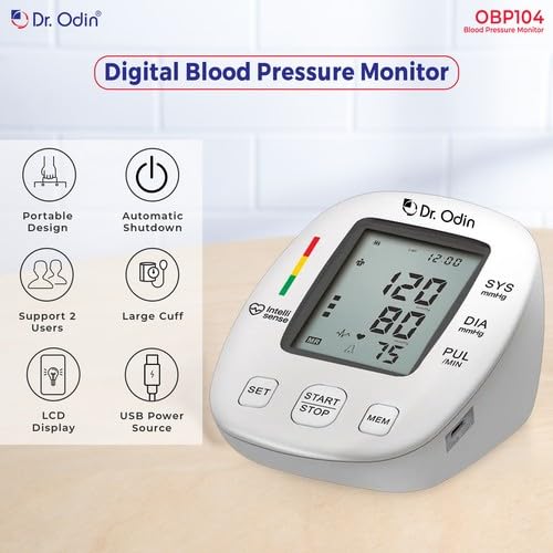 Image of Dr. Odin OBP104 Pulse Mini Digital Blood Pressure Monitor for Accurate BP & Pulse Readings | LCD Display | 2x60 Memory Records | Large Cuff (22-42 cm) | USB Port | WHO Indicator | 1-Year Warranty