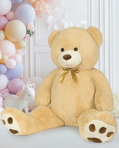 Image of MaoGoLan Giant Teddy Bear Stuffed Animal, 52 inch Large Tan Teddy Bear Plush Toy with Cute Bow Tie & Footprints, Soft Sunggle Bear Plushies Gift for Kids Grilfriend Wife on Christmas Birthday Baby Shower