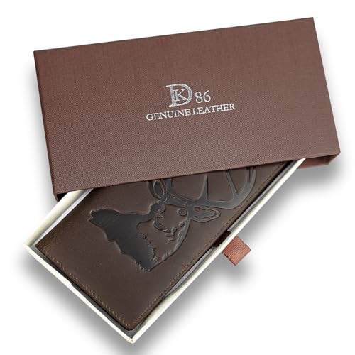 Image of DK86 Deer Long Wallet For Men Full Grain Leather Rfid Blocking Rodeo Wallet Bifold Wallet Deer Wallet, Coffee