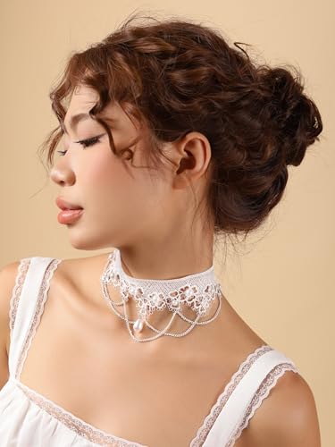 Sacina Gothic Vintage White Teardrop Lace Choker, Imitation Pearl Choker, Gothic Vintage Necklace, 1920s Jewelry, Christmas Jewelry Gift for Women3