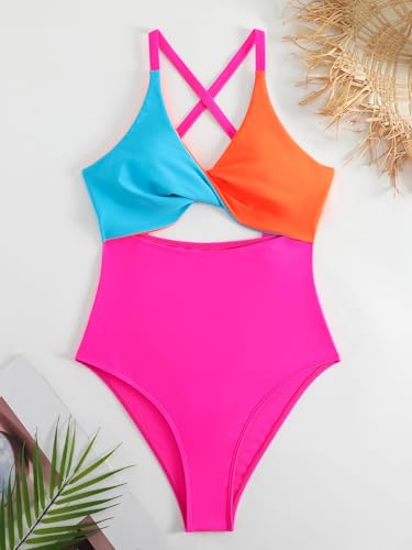 Leoparts Women's Color Block One Piece Swimsuit Sexy V Neck Twist Cutout Monokini High Cut Crisscross Back Bathing Suits3