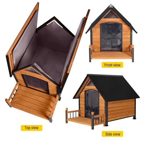 Dog House Outdoor, Insulated Dog Kennel Outside for Large Breed, 50.87\" L Weatherproof Large Dog Shelter with Anti-Chewing Iron Frame (Brown, 50.87\" D x 37.44\" W x 37.2\" H)