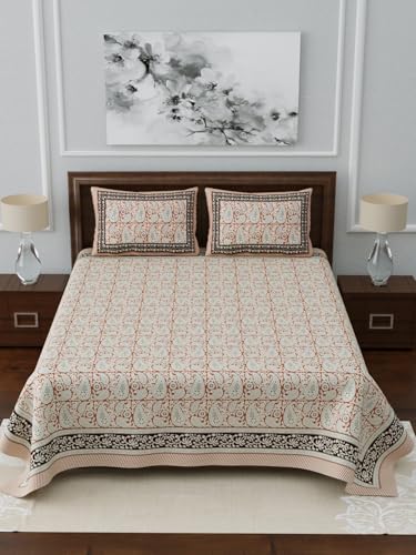Image of LIVING ROOTS Jaipuri Hand Block Print King Cotton Bedsheet 86 * 104 inches (7 * 8.5 feet) with 2 Pillow Cover | 210 TC | Rich Fast Colour with No Colour Bleeding | (033-A)