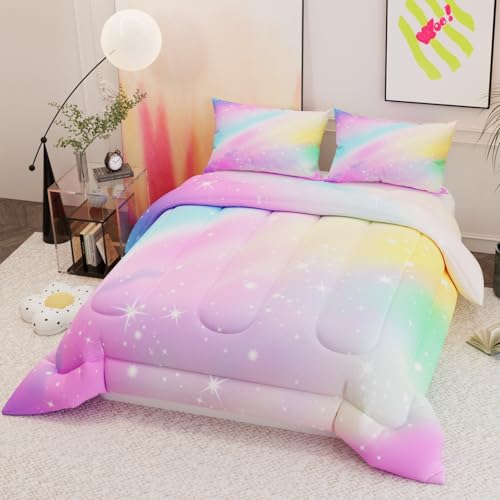 Image of Pink Rainbow Comforter Sets for Girls Kids Adults,3D Pattern with Bright Colors,Decorative Bedding Comforter Sets with 2 Pillow Shams, Full Size