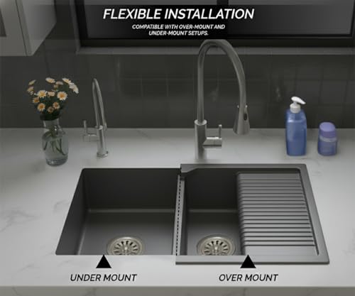Image of EVANEX Quartz Sink for Kitchen|45x20x9 inch Double Bowl Kitchen Sink with Drain Board|Matt Finish|Grey Quartz Kitchen Sink with Sink Connector, Waste Pipe, Coupling and Drain Basket