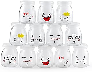 Skelang 12Pcs Yogurt Bottles 150ml, Yogurt Glass Jars with Plastic Lid, Mini Dessert Cups for Yogurt Making, Pudding, Milk, Jelly (Cute Emoticon Design)