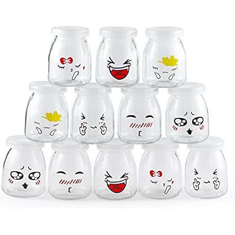 Skelang 12Pcs Yogurt Bottles 150ml, Yogurt Glass Jars with Plastic Lid, Mini Dessert Cups for Yogurt Making, Pudding, Milk, Jelly (Cute Emoticon Design) Cover