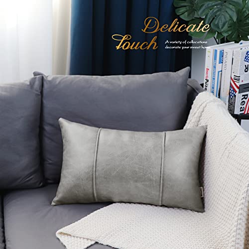 Image of BRAWARM Gray Leather Throw Pillow Covers 12 X 20 Inches - Faux Leather Lumbar Pillow Cover with Piping, Hand Stitched Leather Throw Pillow for Couch Sofa Bed Living Room Home Decorative