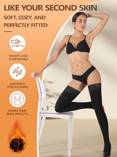 DORALLURE Fleece Lined Thigh High Stockings for Women Opaque Lace Top Thermal Pantyhose Tights4