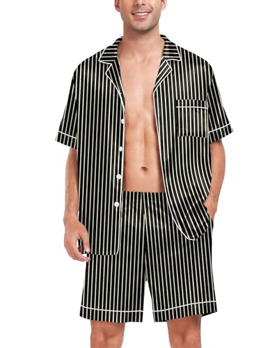 Image of SWOMOG Men Satin Silk Pajamas Sets Short Sleeve Sleepwear Button-Down PJs Sets Two-Pieces Loungewear with Pockets