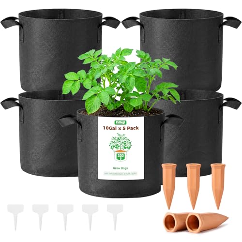 5-Pack 10 Gallon Self Watering Grow Bags with 5pcs Terracotta Watering Spikes Fabric Growing Plant Bags Garden Planting Pots for Gardening Outdoor Planter Bags for Potato Tomato Cucumbers Vegetables