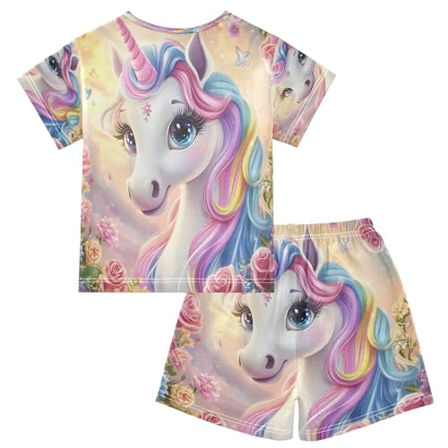 ALAZA Unicorn Rose Flower Floral Pajamas Set Short Sleeve Cotton Sleepwear Summer Pjs 2 Piece 5-14Y2