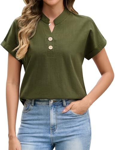 Niwicee Blusas Mujer Verano Elegantes Camisas Manga Corta Cuello en V Blusas de Algodón de Color Sólido Blusa Enrollada Puños Camisa Básica Casual Holgada con Botones (Verde, XL)