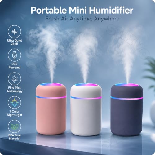 Image of Portable USB Humidifier with 7 Color LED Night Light, Ultra Quiet Cool Mist Humidifier for Bedroom, Office, Car & Home, BPA Free Air Mist Diffuser for Better Sleep & Relaxation by ComSaf (Multi Color)