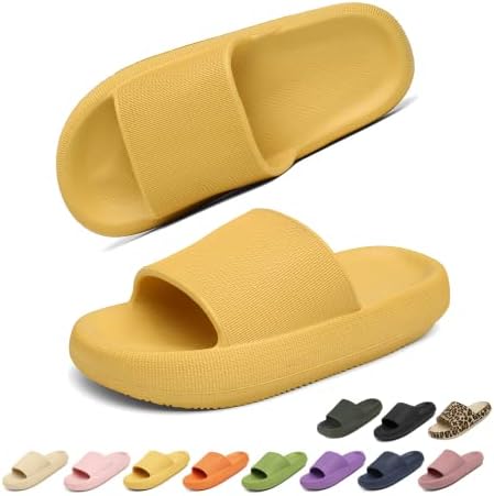 Geweo Cloud Slippers for Women Men Thicken Sole Pillow Cushion Slides Super Comfy Soft Memory Foam Slides Non Slip House Shower Slides Sandals Plastic Yellow Slides Unisex 8-9Women/7-8Men