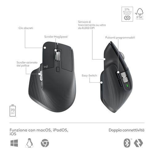 MX Keys S Combo - Tastiera e Mouse Wireless con Palm Rest, illuminazione personalizzabile, Scorrimento veloce, Bluetooth, USB C, Windows/Linux/Chrome/Mac, Grigio - Tastiera gaming - Immagine 6