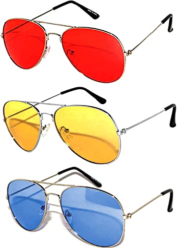 3 Pack Aviator Sunglasses UV Protection Color Lens Metal Frame Unisex (3-pack-avi-red-yell-blu, Colored)