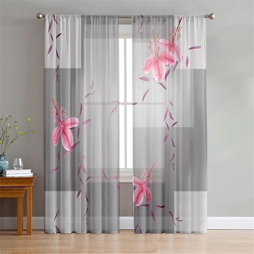 Surwin Translucidas Cortinas Salon, Estampado de Sakura Japonés 2 Piezas Cortina, Cocina Dormitorio Cortinas y Moderno Visillos Visillos Cortos para Ventanas (Gris,140x160cm)