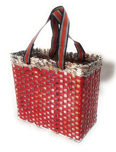 Image of Paperus, MEDIUM, Red Check, Lunch Bag, Picnic Basket, Handbag, Carry Bag, Tiffin Basket for Office, Eco-Friendly, Handmade, of Paper Ropes, 6 inch Wide Base 11 inch Height 12 inch Length, 10 Liters