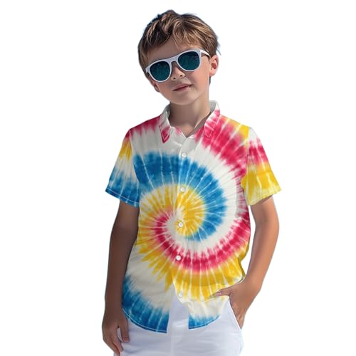 Image of Kids Tie-dye Hawaiian Shirt 80s Button Down Retro Short Sleeve Casual Beach Tropical Funny Party Outfits for Boys