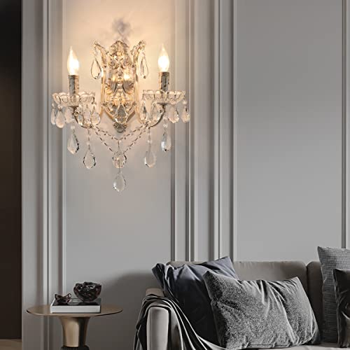 Image of YLONG-ZS French Country Crystal Wall Sconce, 2-Light Distressed White Gold Candle Style with Teardrop Crystals, Hardwired Indoor Decor for Bedroom Bathroom Vanity, E12 Base