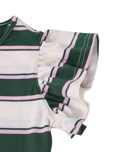 Image of Girls Striped Shirt Flutter Sleeve Top Crewneck Cute Summer T Shirts Casual Tees Apricot Green 9-10 Years