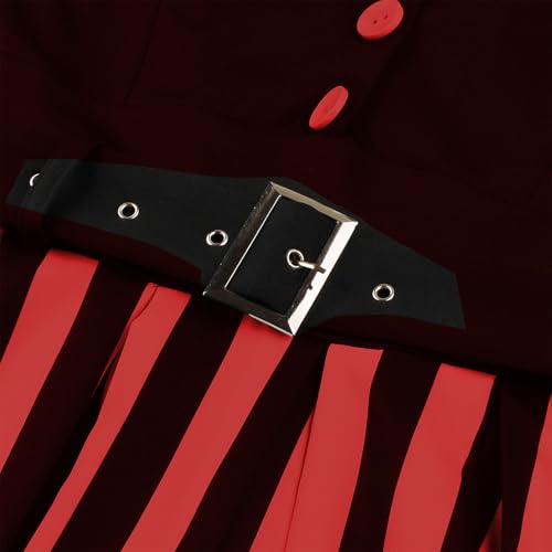 Image of ODIZLI Women's 1950s Retro Dress Short Sleeve Notched Lapel Polka Dot Stripe Swing Dress with Belt Cocktail Dress