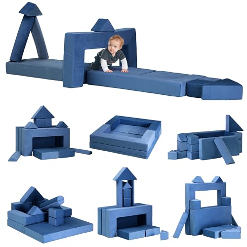 Image of LEISU 12Pcs Modular Kids and Toddler Versatile Play Couch, Child Convertible Folding Sponge Cushion Building Fort Sofa for Playroom Bedroom, Gifts for Kids (Blue)
