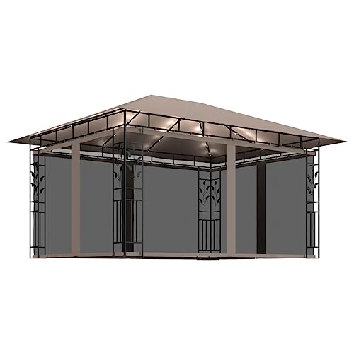 vidaXL Tonnelle avec Moustiquaire et Lumières Belvédère de Jardin Pavillon d'Extérieur Tente de Réception Chapiteau Barbecue 4x3x2,73m Taupe 180 g/m²