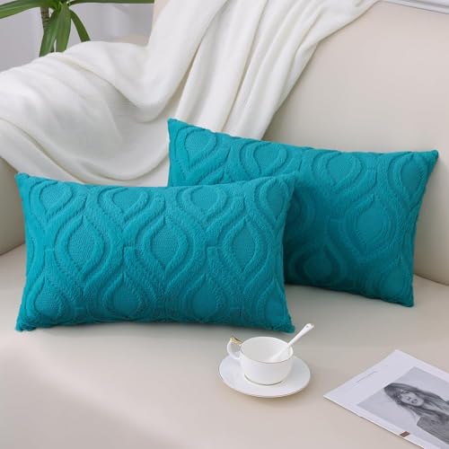 Image of decorUhome Fall Throw Pillow Covers 12x20 Inch Set of 2, Soft Plush Faux Wool Teal Solid Couch Pillow Covers, Accent Farmhouse Neutral Rectangle Pillow Cases for Sofa Bed Living Room