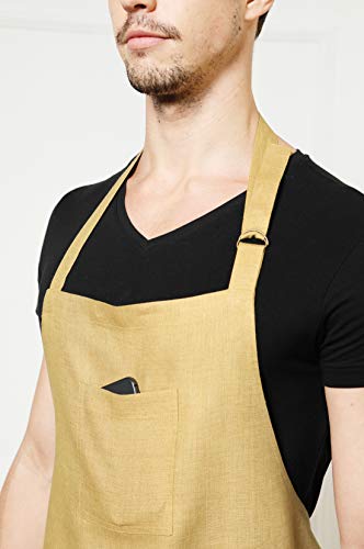 Solino Home Linen Kitchen Apron – Men & Women 100% Pure Linen Bib Apron – Adjustable Straps With Pockets – European Flax, Mustard Gold #TOP3