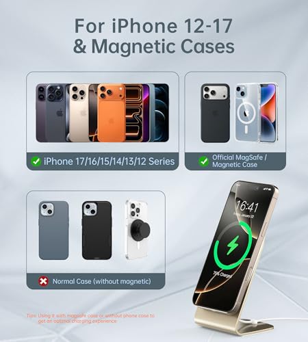 Image of Magnetic Wireless Charger for iPhone 17-12 Series + Aluminum Charger Stand | Mag Charger+20W USB C Adapter, Fast Wireless Charging Stand /Pad with 5ft USB-C Cable for iPhone 17 /16 /15 /14 /13 /12, Airpod Pro