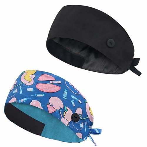 Image of Adjustable Scrub Cap with Button, Satin-Lined Cotton Scrub Hat Sweatband, Elastic Working Hat Unisex, One Size