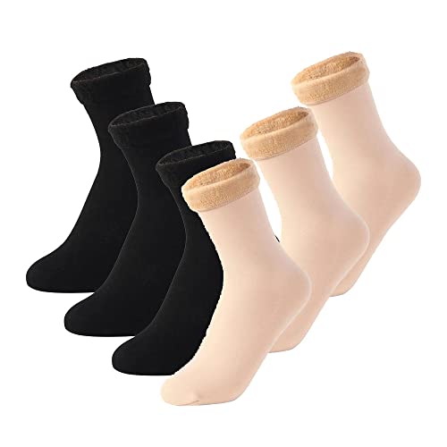 iushen Chaussettes d'hiver avec Doublure en Peluche, Mode féminine Rembourrés et épaissis Chaussettes Longues 6 Paires (Noir+Beige,One Size) Cover