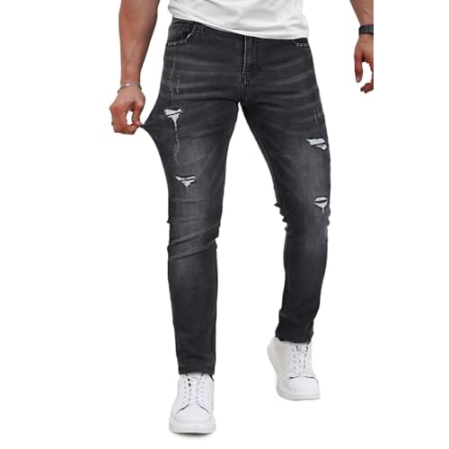 Men's Classic Slim Fit Stretchy Jeans for Men Skinny Flex Denim Pants Ripped Designer Grey Ripped 116 28
